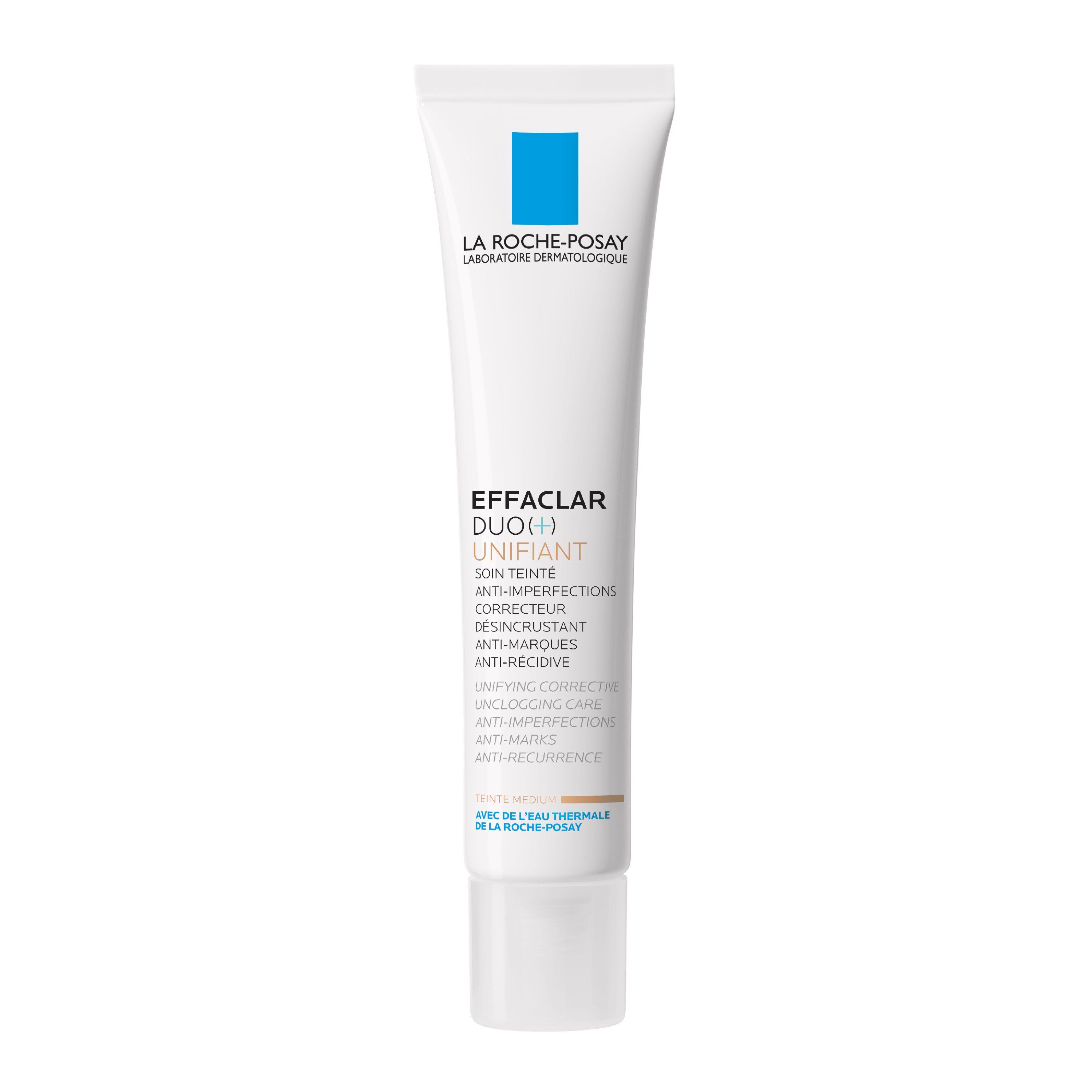 Crèmetube La Roche-Posay Effaclar DUO(+) Unifiant, medium tint. Witte tube met blauwe vierkant.