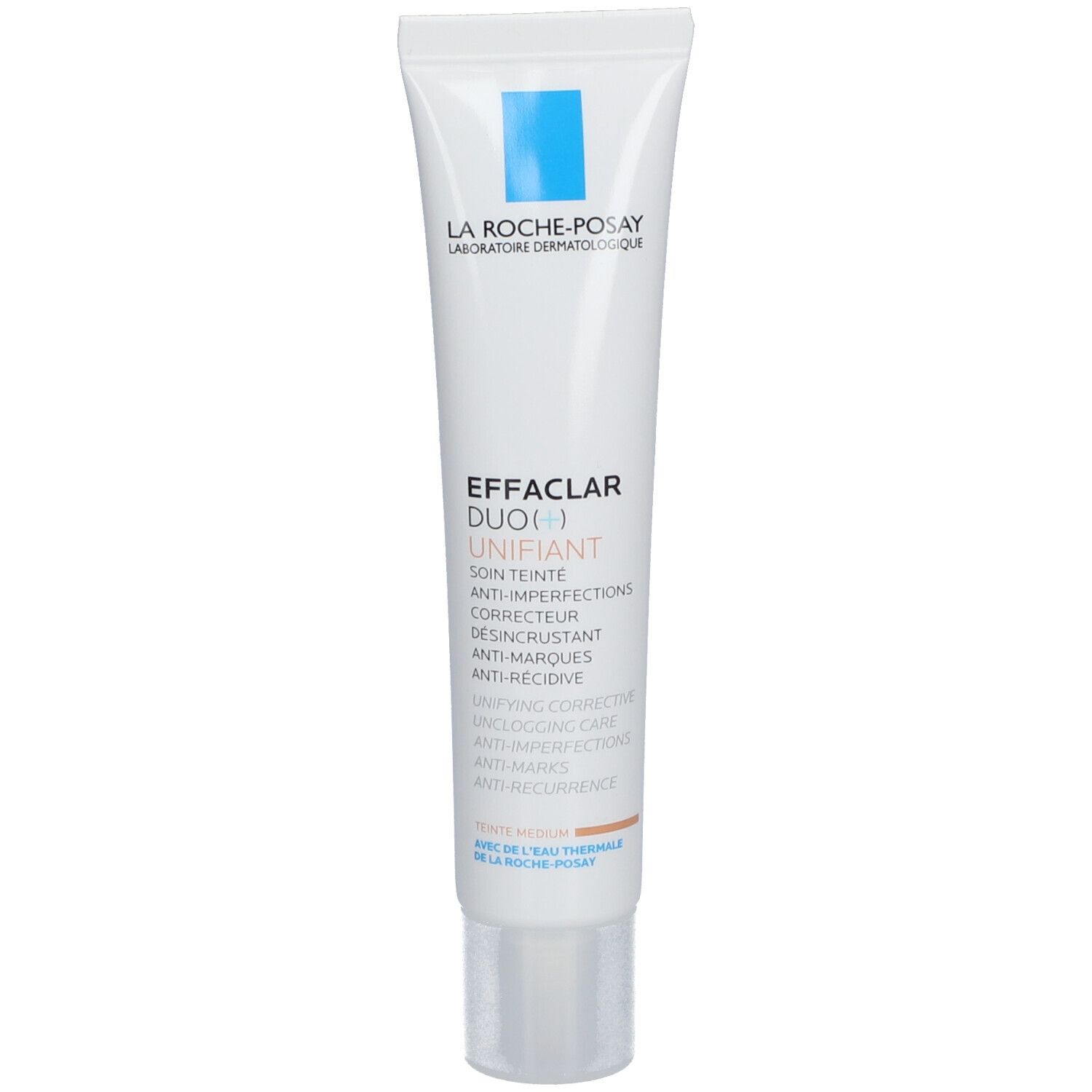 Crèmetube La Roche-Posay Effaclar DUO(+) Unifiant, medium tint. Witte tube met blauwe vierkant.