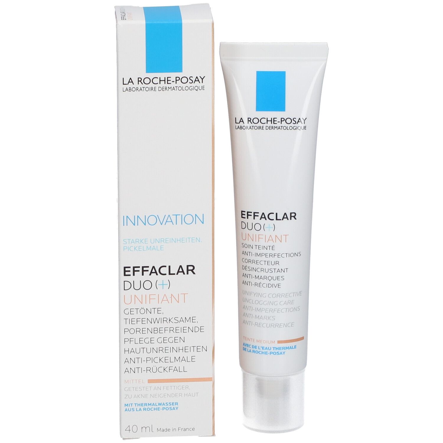 Productverpakking met tube. La Roche-Posay Effaclar DUO(+) Unifiant. Witte tube met blauwe markering.