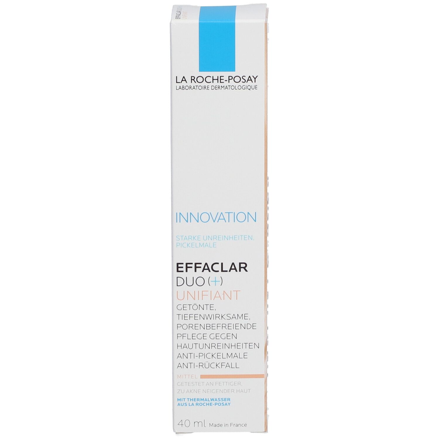 Productverpakking. La Roche-Posay Effaclar DUO(+) Unifiant. Tekst en productinformatie op de verpakking.