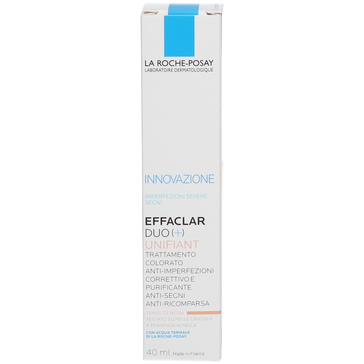 Productverpakking. La Roche-Posay Effaclar DUO(+) Unifiant. Tekst en productinformatie op de verpakking.
