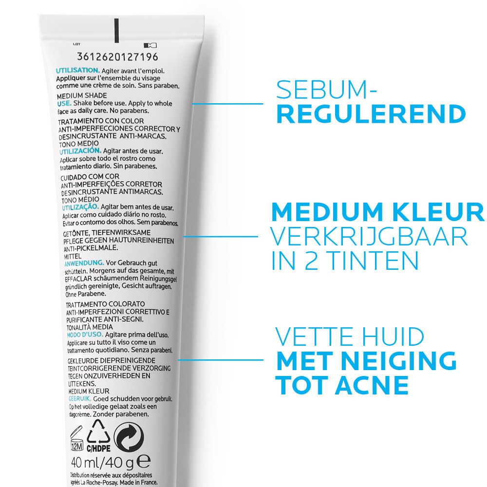 Achterkant van de tube. Meertalige tekst. Gebruiks- en ingrediënteninformatie.