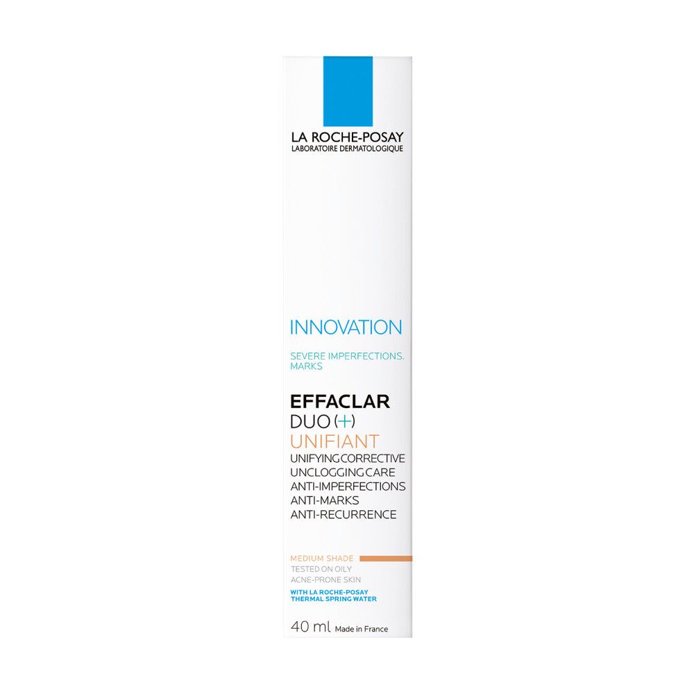Tube La Roche-Posay Effaclar DUO(+) Unifiant. Tekst: 2 in 1: egaliseert direct & corrigeert duurzaam.