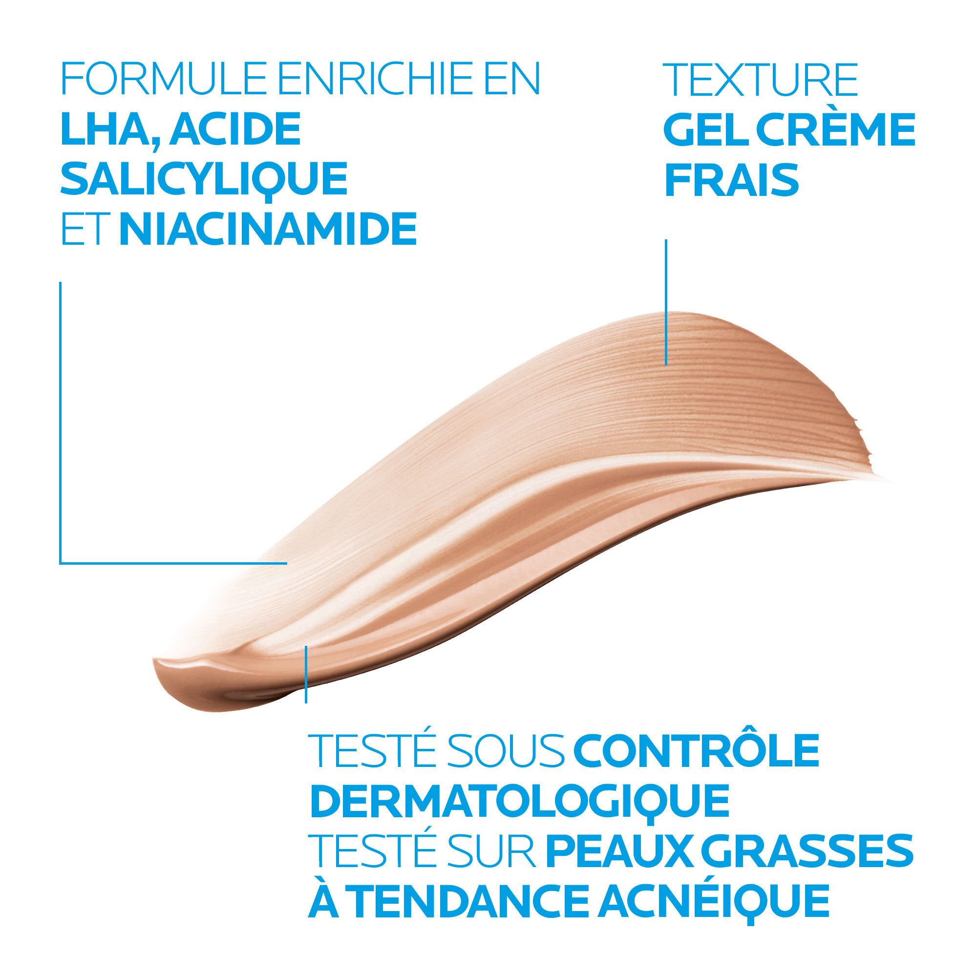 Productmonster met tekst. Formule met LHA, salicylzuur en niacinamide. Gel-crèmetextuur. Getest op vette huid.