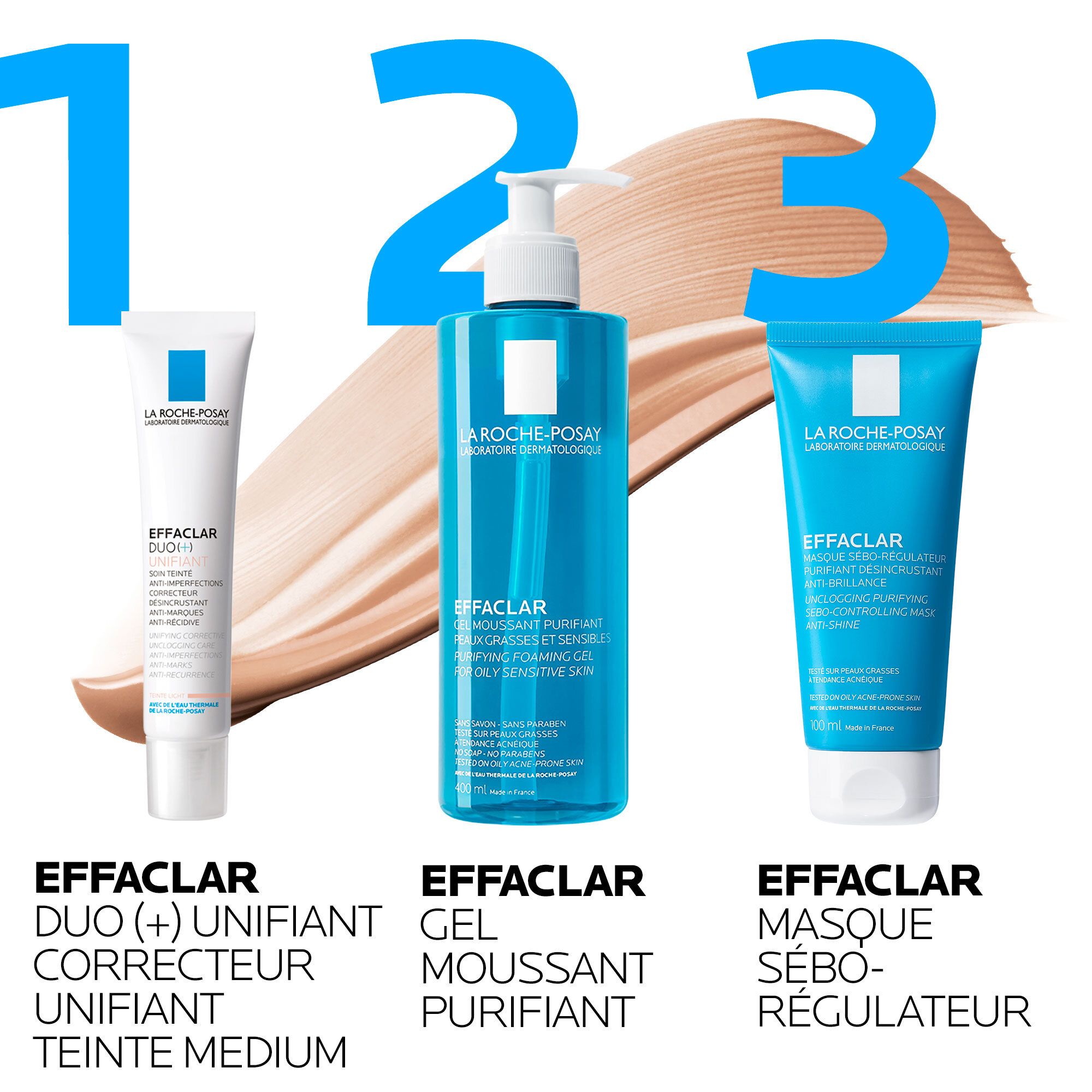 Drie producten: Effaclar DUO(+) Unifiant, Gel Moussant Purifiant en Masque Sébo-Régulateur. Op lichte achtergrond.