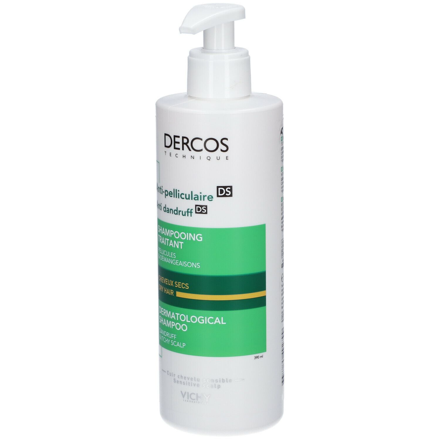 Flacone bianco Dercos Anti-forfora con dosatore. Testo e logo.