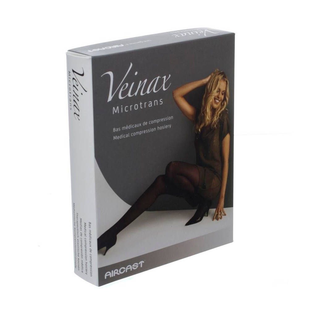 Boîte de bas de compression Veinax Microtrans. Une femme en bas est représentée. La marque et le nom du produit sont visibles.