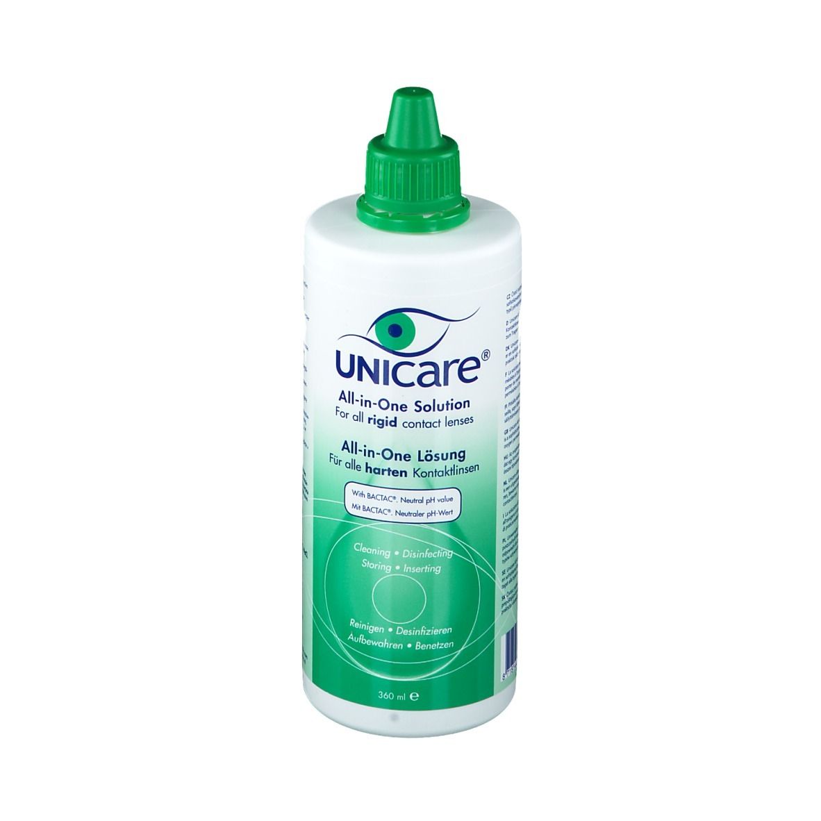 Weiß-grüne Flasche mit grünem Deckel. Aufschrift: UNICare All-in-One Lösung für harte Kontaktlinsen. 360 ml.