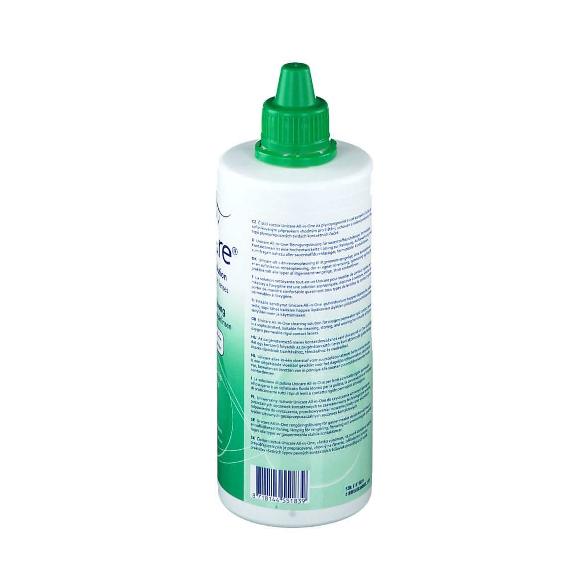 Rückseite der weißen Flasche mit grünen Details. Text in mehreren Sprachen. Barcode und Herstellerinformationen.