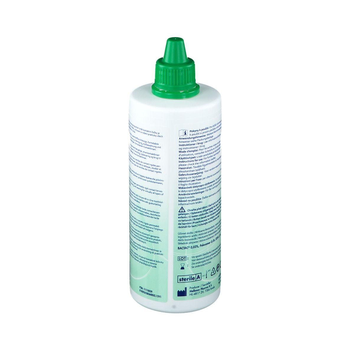 Rückseite der weißen Flasche mit grünen Details. Text in mehreren Sprachen. Sterile A-Kennzeichnung.