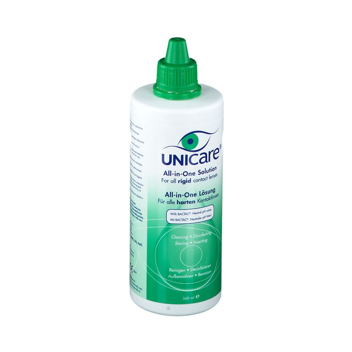 Weiß-grüne Flasche mit grünem Deckel. Aufschrift: UNICare All-in-One Lösung für harte Kontaktlinsen. 360 ml.