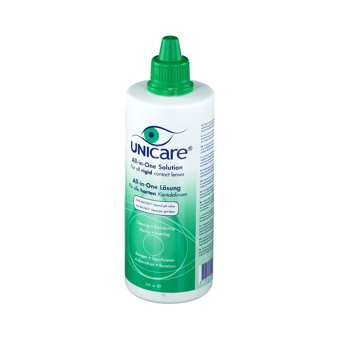 Weiß-grüne Flasche mit grünem Deckel. Aufschrift: UNICare All-in-One Lösung für harte Kontaktlinsen. 360 ml.
