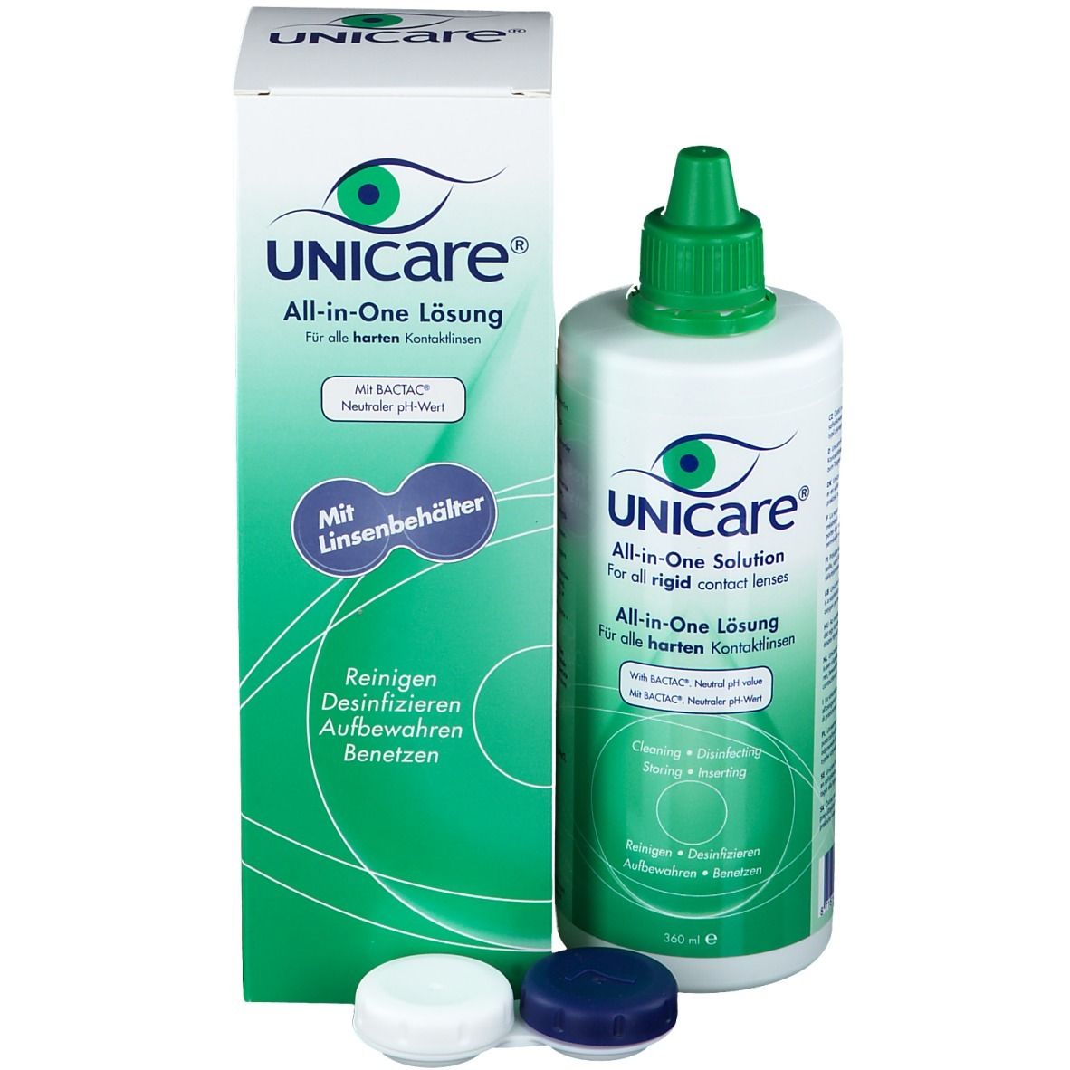 Produktverpackung mit Flasche, Deckel und Behälter. Aufschrift: UNICare All-in-One Lösung. Mit Linsenbehälter.