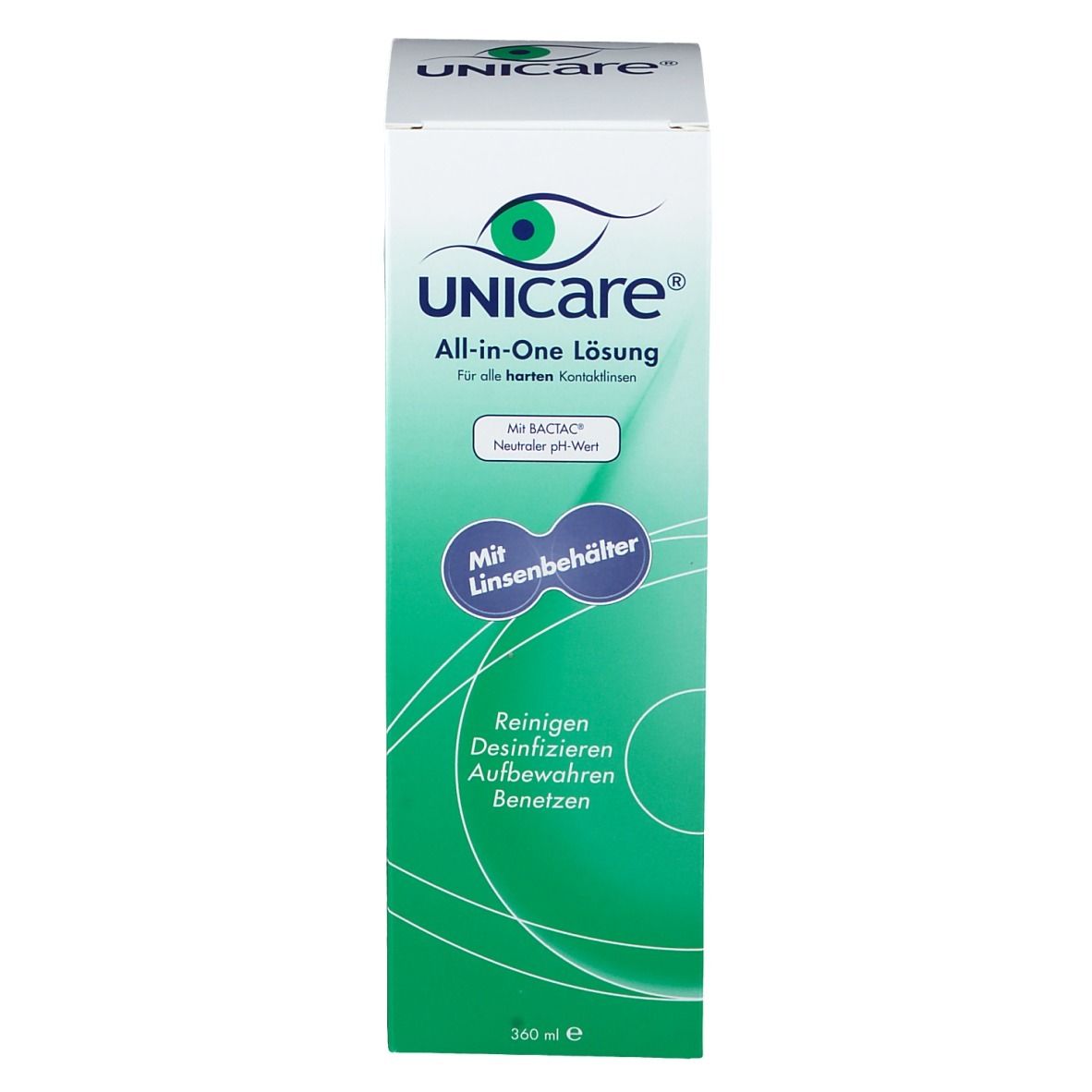 Hohe Produktverpackung. Aufschrift: UNICare All-in-One Lösung. Mit Linsenbehälter. 360 ml.