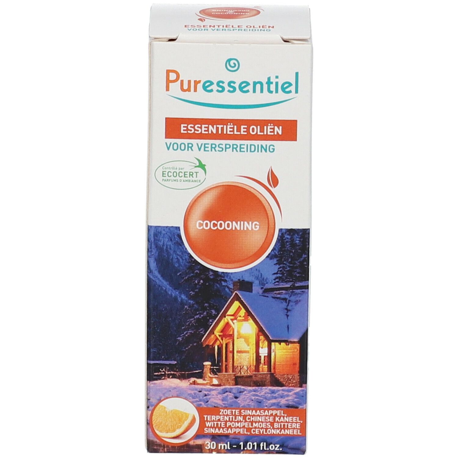 Emballage du produit. Boîte avec nom du produit et texte multilingue. Logo ECOCERT. Illustration d'une orange.