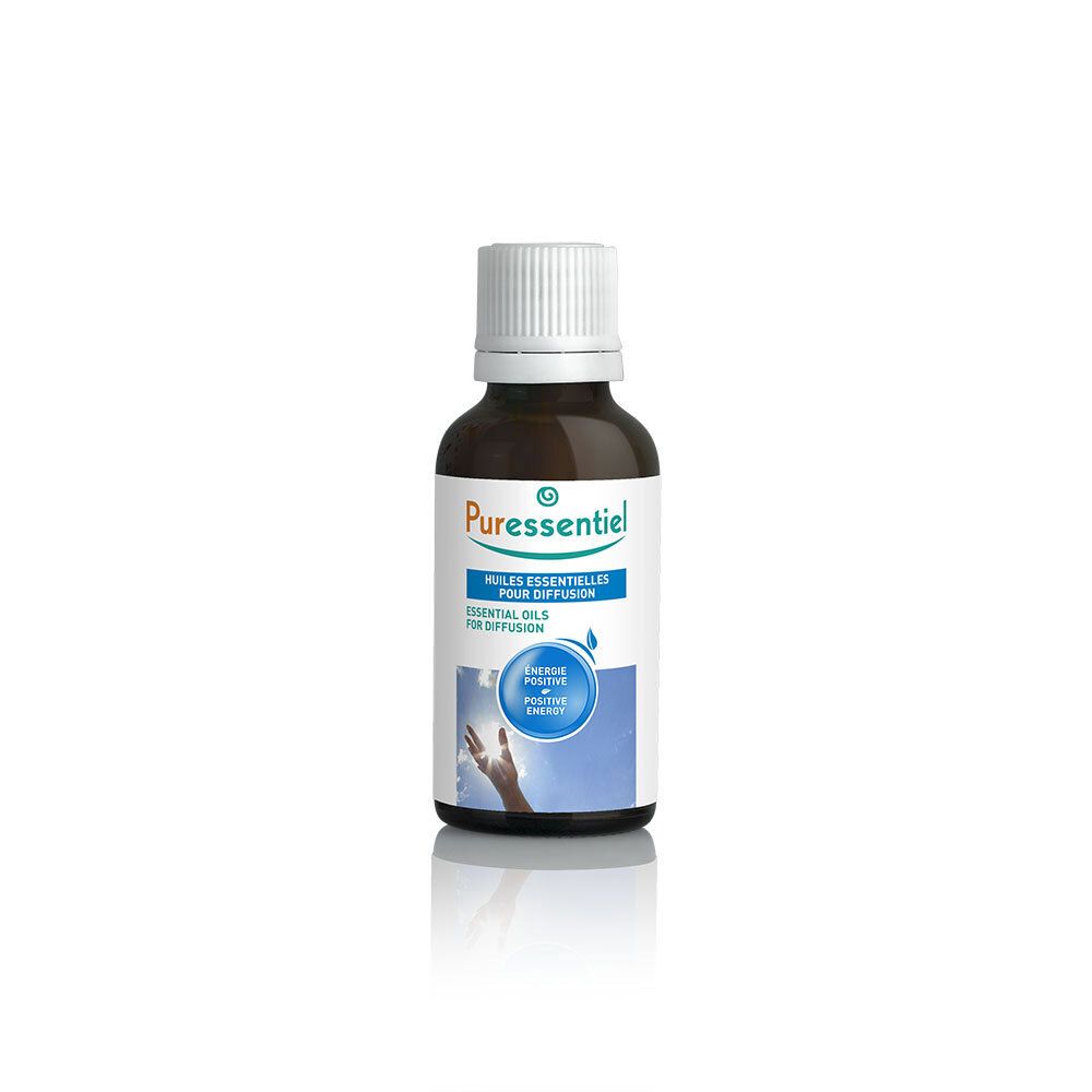 Bruine glazen fles met witte dop. Opschrift: Puressentiel, Huiles Essentielles, Energie Positive.