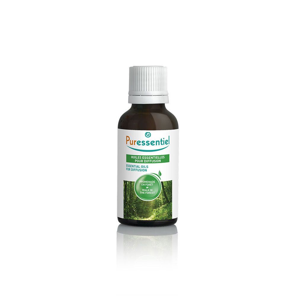 Flacon Puressentiel. Huiles essentielles pour diffusion. Promenade en forêt. Bouchon blanc.
