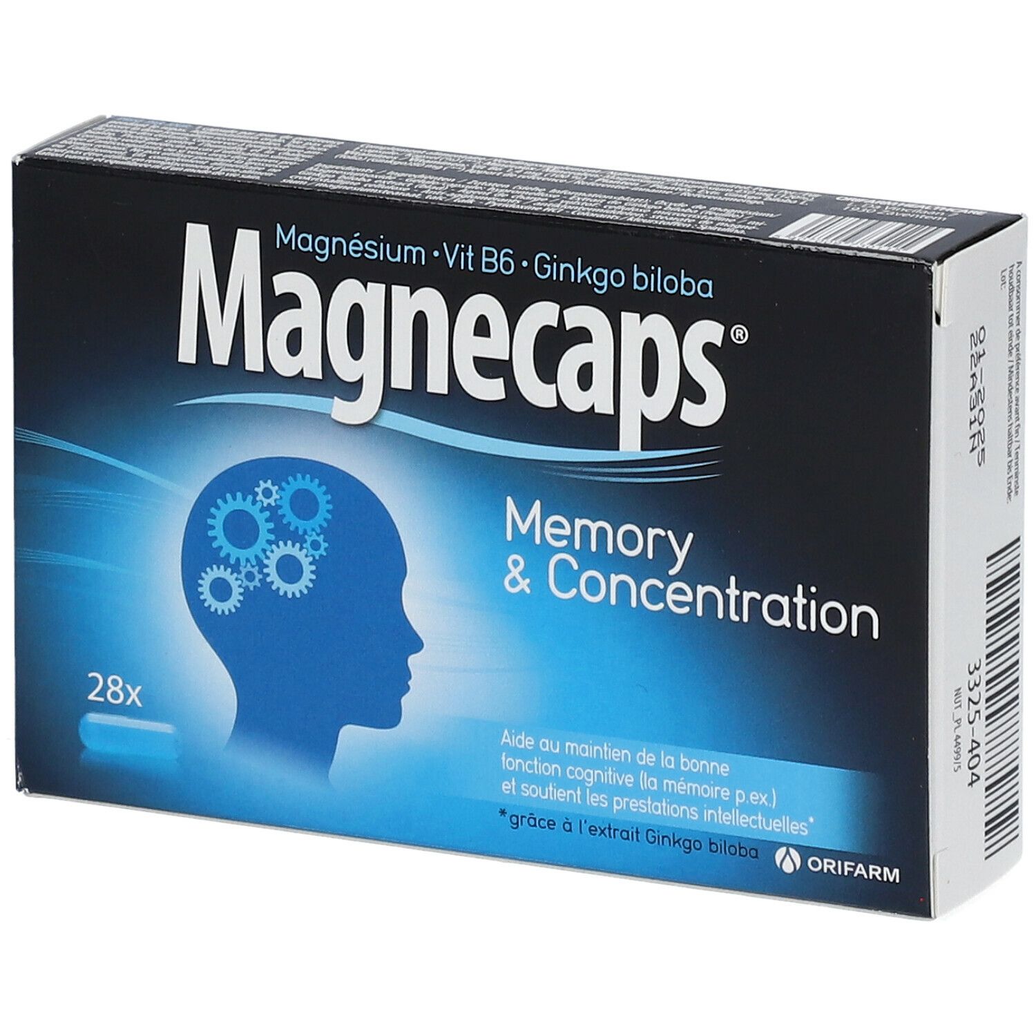 Boîte de Magnecaps Mémoire & Concentration. Emballage bleu et blanc avec nom du produit et ingrédients. Contient 28 gélules.