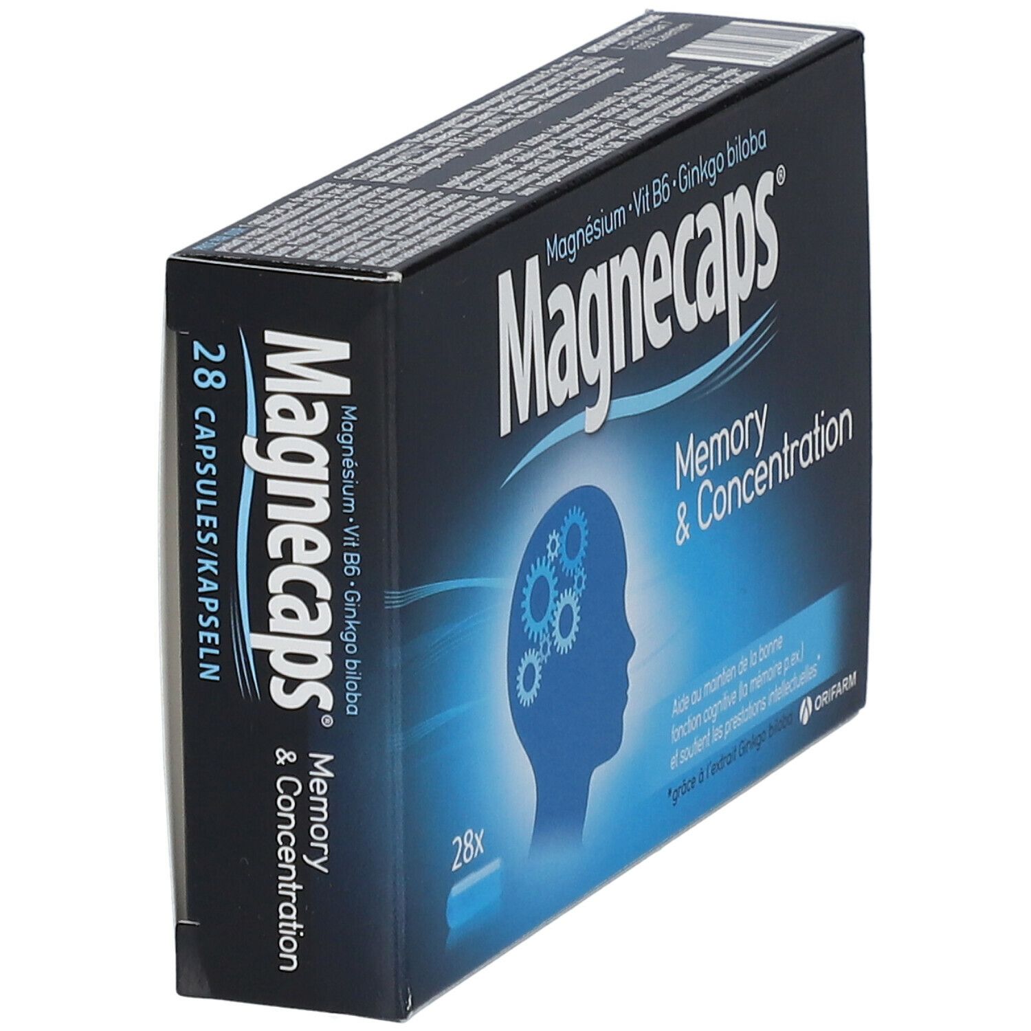 Boîte de Magnecaps Mémoire & Concentration. Emballage noir avec nom du produit et ingrédients. Contient 28 gélules. Vue latérale.