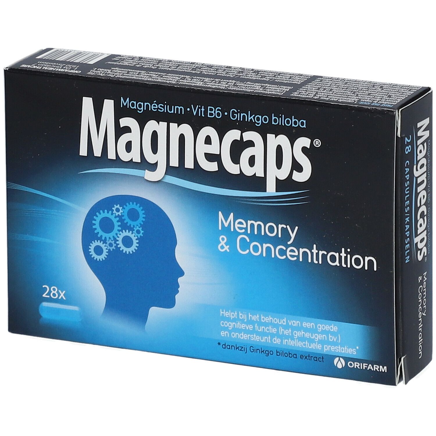 Boîte de Magnecaps Mémoire & Concentration. Emballage noir avec nom du produit et ingrédients. Contient 28 gélules. Vue détaillée.