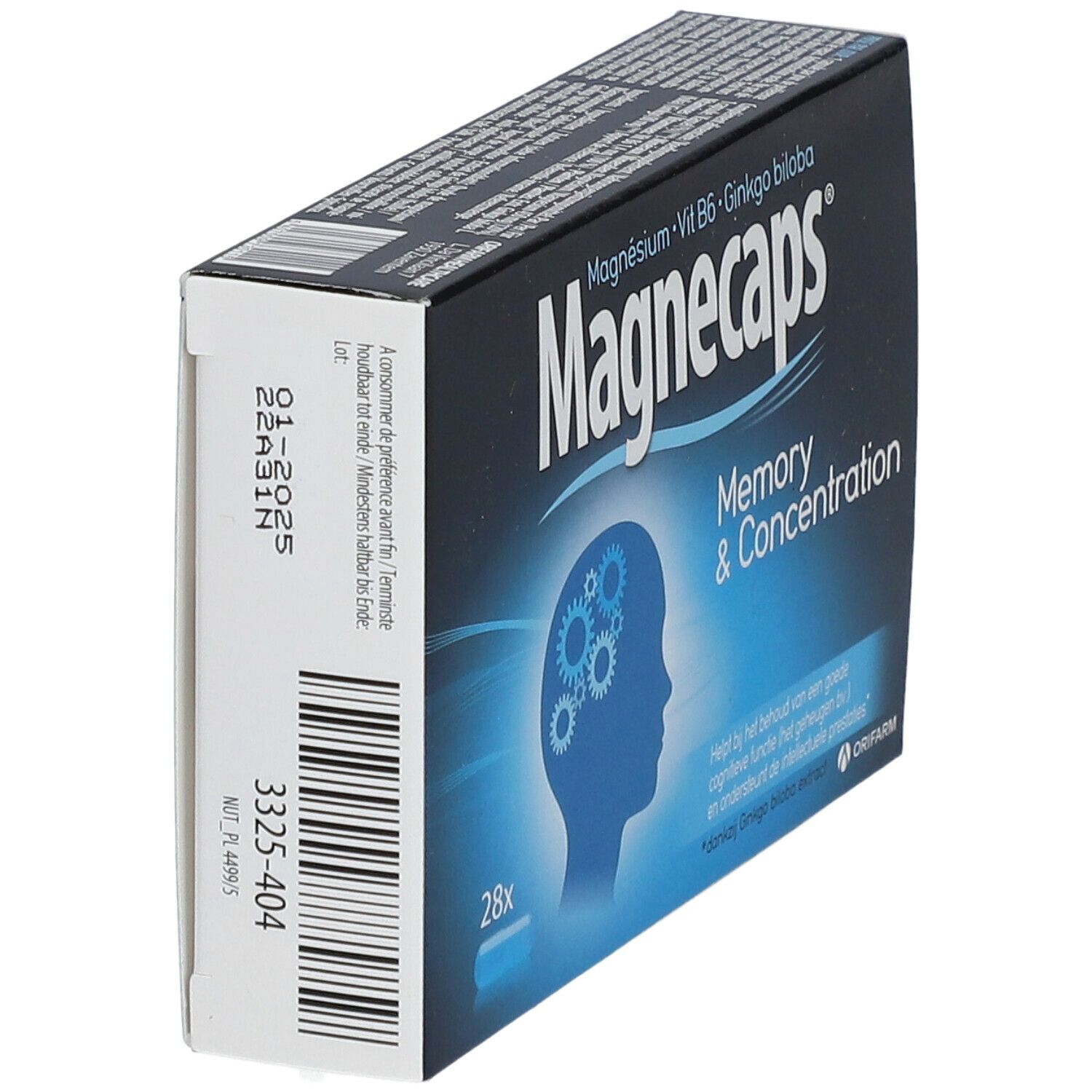Boîte de Magnecaps Mémoire & Concentration. Emballage noir avec nom du produit et ingrédients. Contient 28 gélules. Vue arrière avec détails.