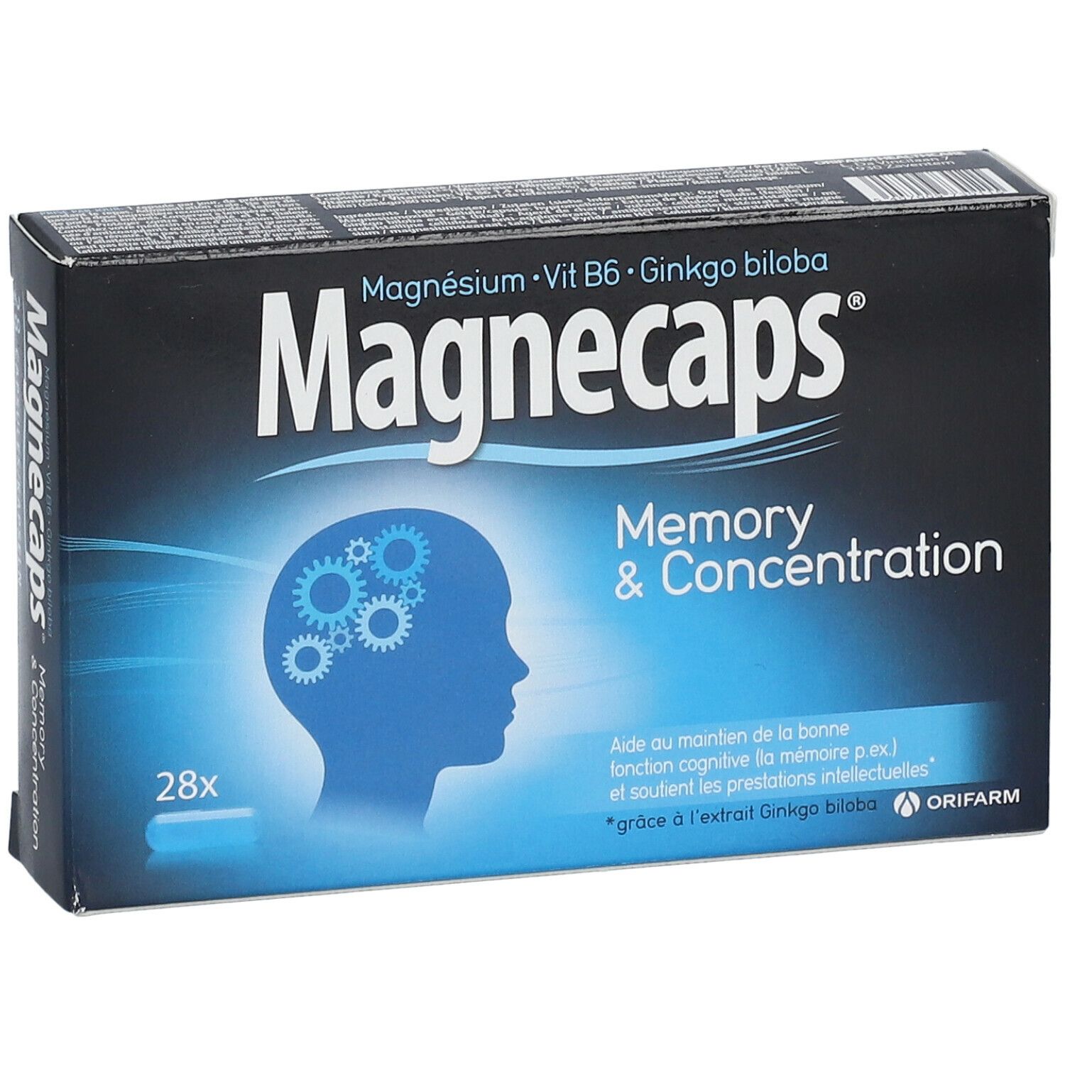 Boîte de Magnecaps Mémoire & Concentration. Emballage bleu et blanc avec nom du produit et ingrédients. Contient 28 gélules. Gros plan.