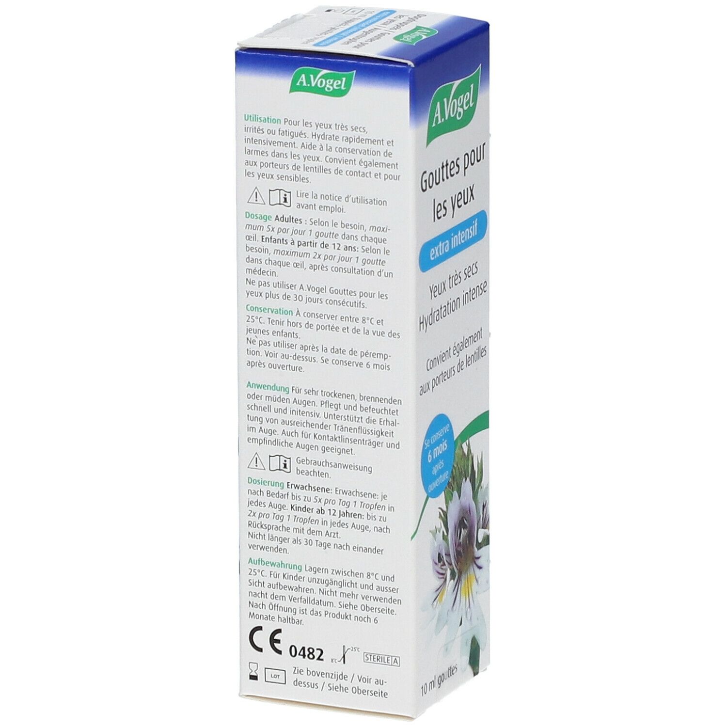 A.Vogel verpakking. Oogdruppels extra intensief. Achterkant met tekst. Blauw-witte doos met bloemmotief. 10 ml.