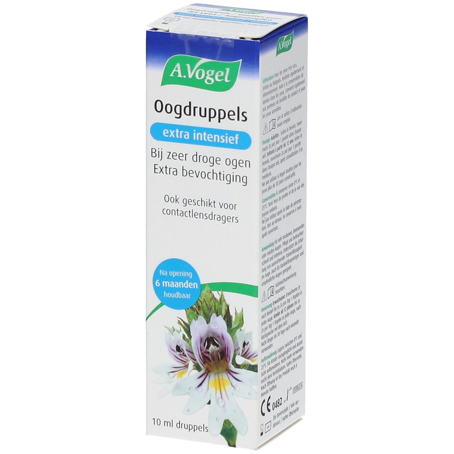A.Vogel verpakking. Oogdruppels extra intensief, voor droge ogen. Blauw-witte doos met bloemmotief. 10 ml. CE-markering.