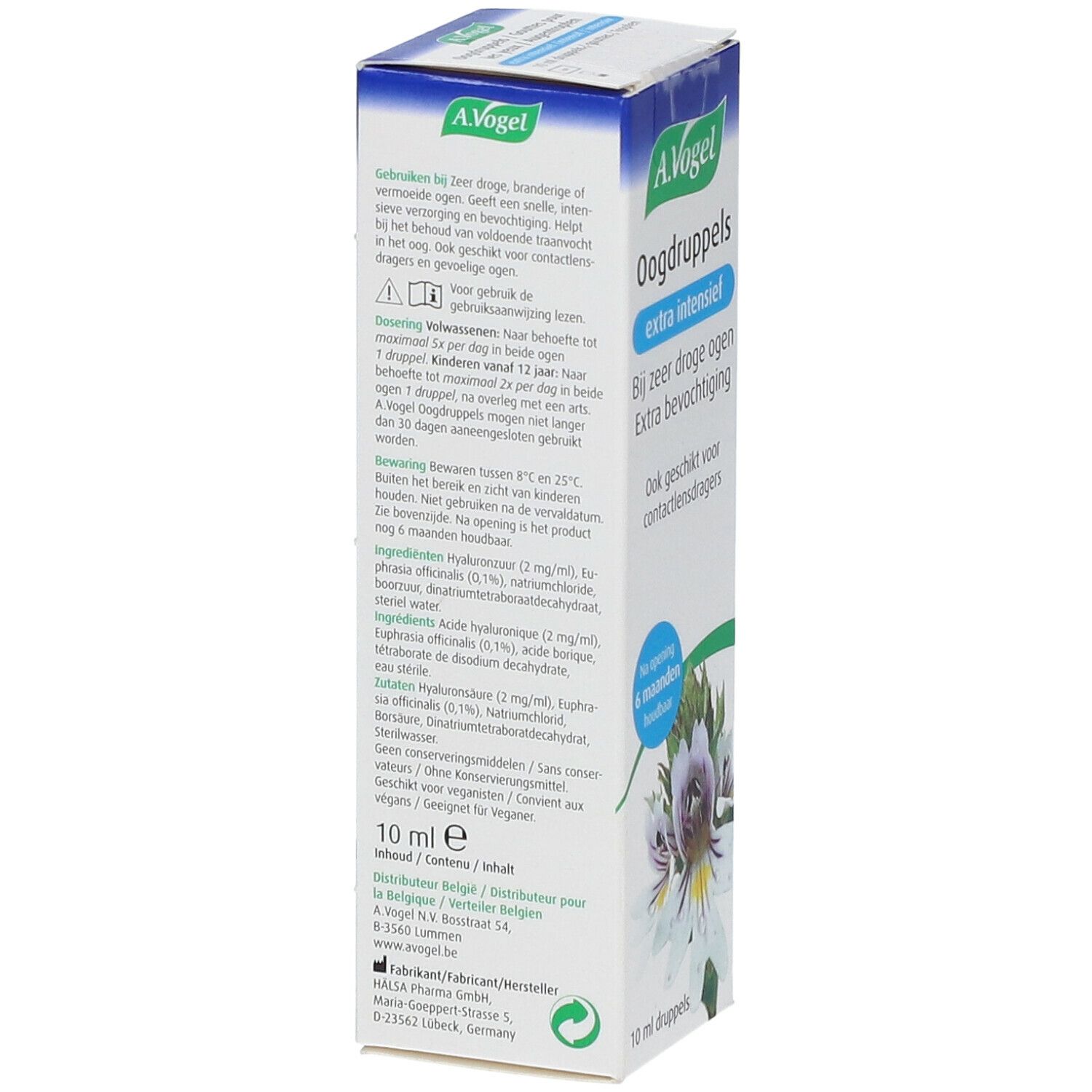 A.Vogel verpakking. Oogdruppels extra intensief, voor droge ogen. Blauw-witte doos met bloemmotief. 10 ml. CE-markering.
