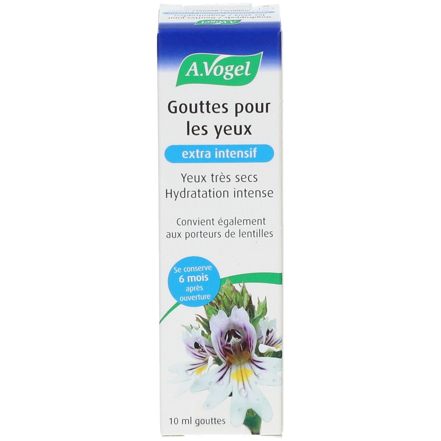 A.Vogel verpakking. Oogdruppels extra intensief, voor droge ogen. Blauw-witte doos met bloemmotief. 10 ml.