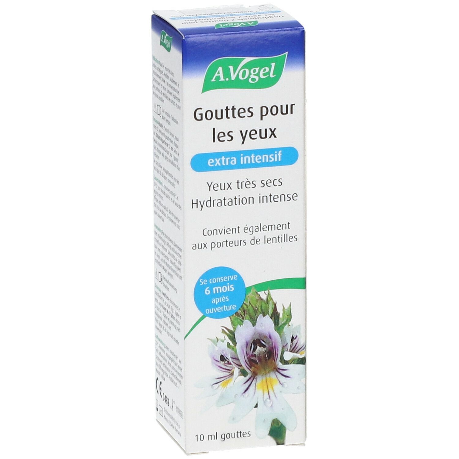 A.Vogel verpakking. Oogdruppels extra intensief, voor droge ogen. Blauw-witte doos met bloemmotief. 10 ml.