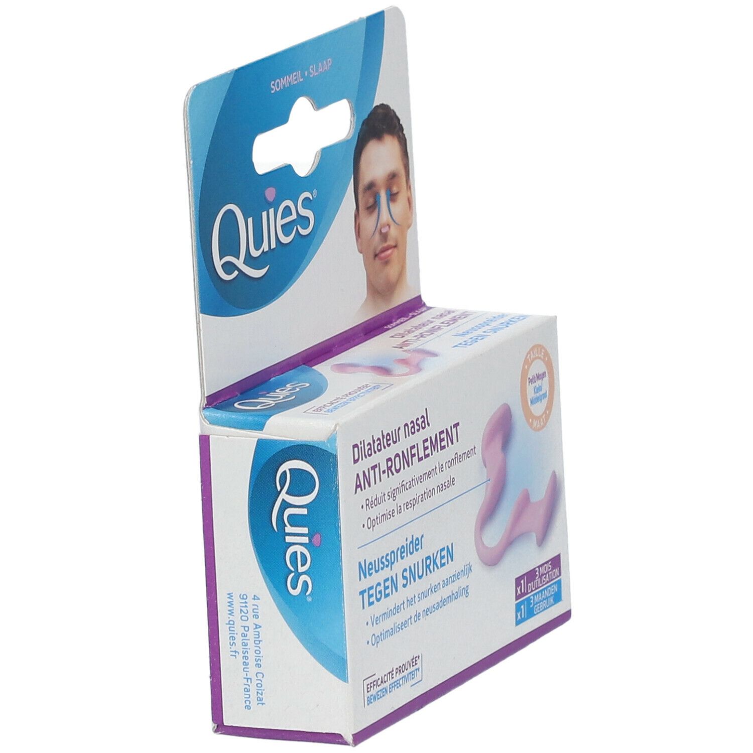 Vue oblique de l'emballage du dilatateur nasal. Produit rose, emballage bleu et blanc avec nom du produit.