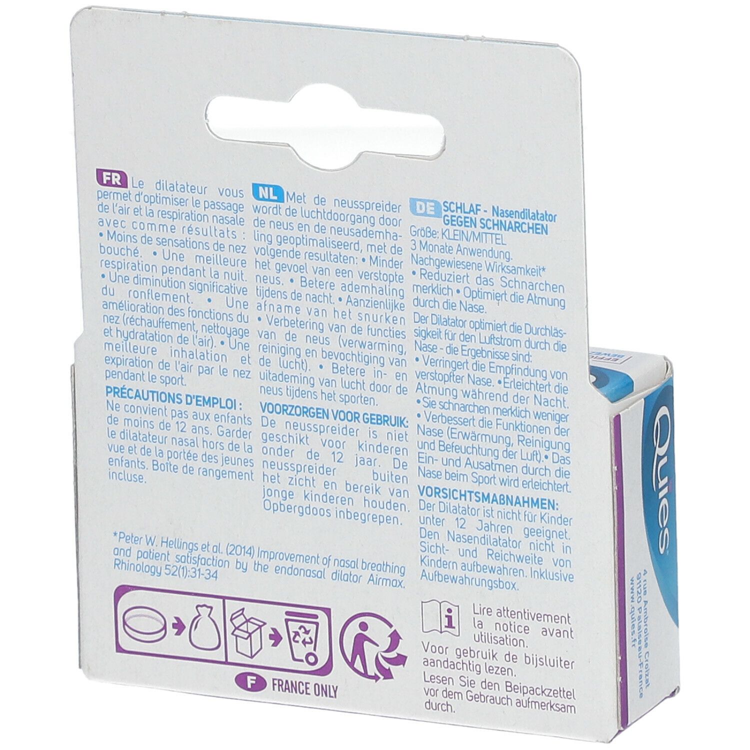 Dos de l'emballage avec texte en allemand, français et néerlandais. Informations sur le produit et son utilisation.