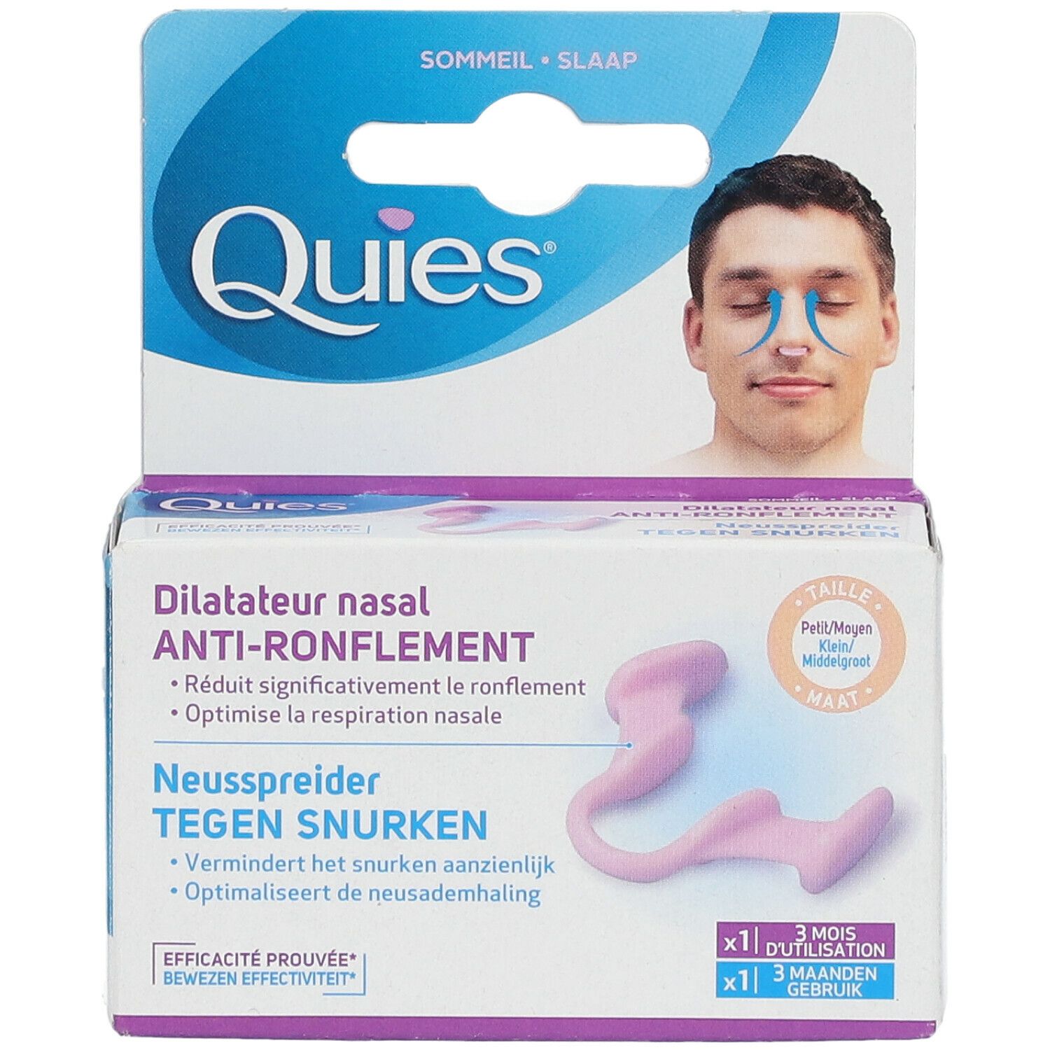 Boîte de dilatateur nasal. Produit rose, emballage bleu et blanc avec nom et illustration du produit.