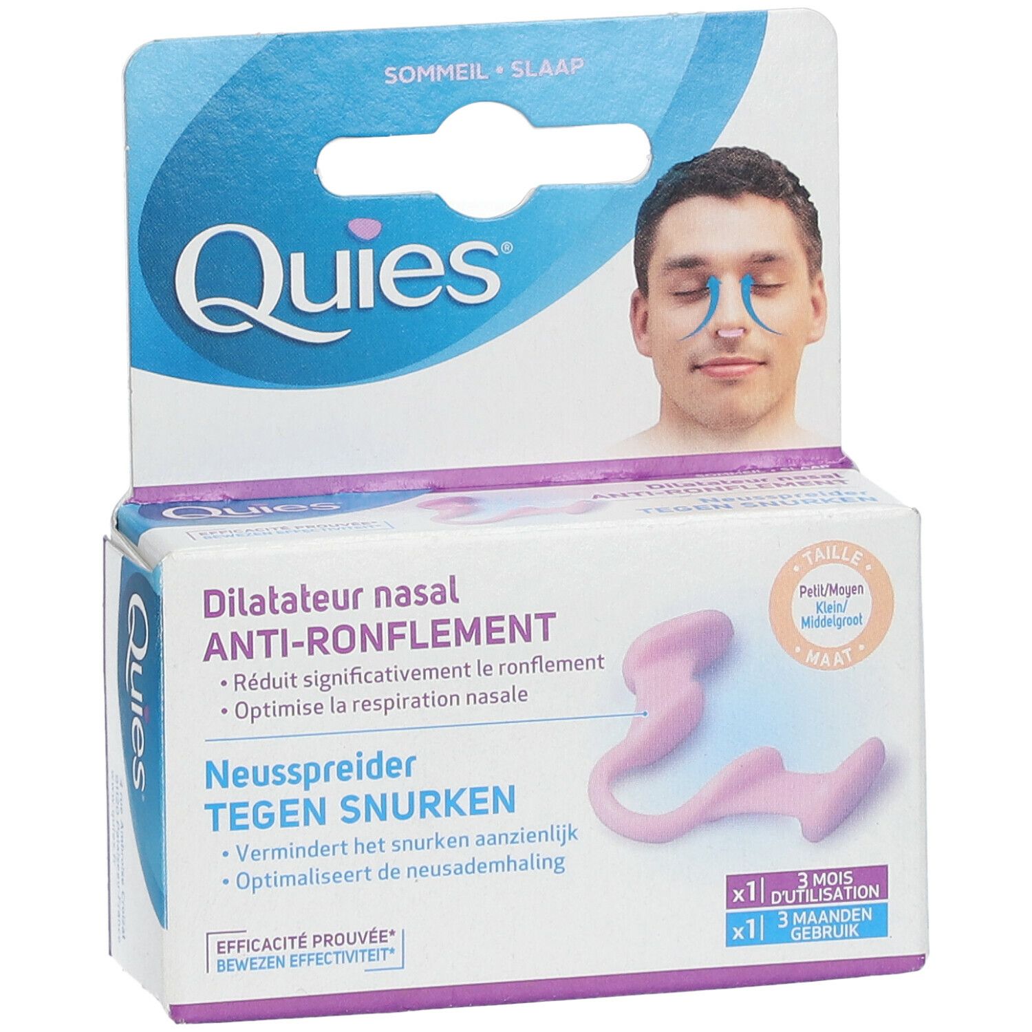 Boîte de dilatateur nasal. Produit rose, emballage bleu et blanc avec nom et illustration du produit.