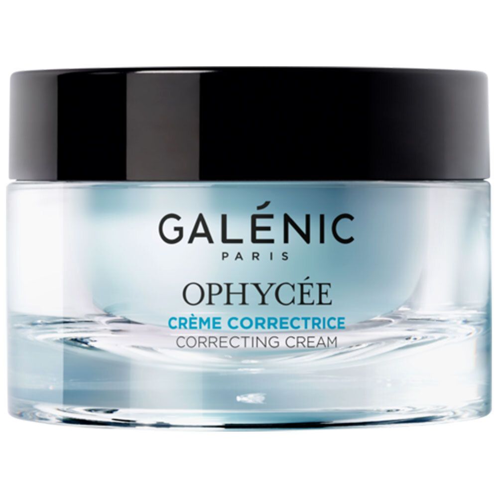 Pot de crème avec couvercle noir. Inscription : GALÉNIC PARIS, OPHYCÉE, CRÈME CORRECTRICE, CORRECTING CREAM.