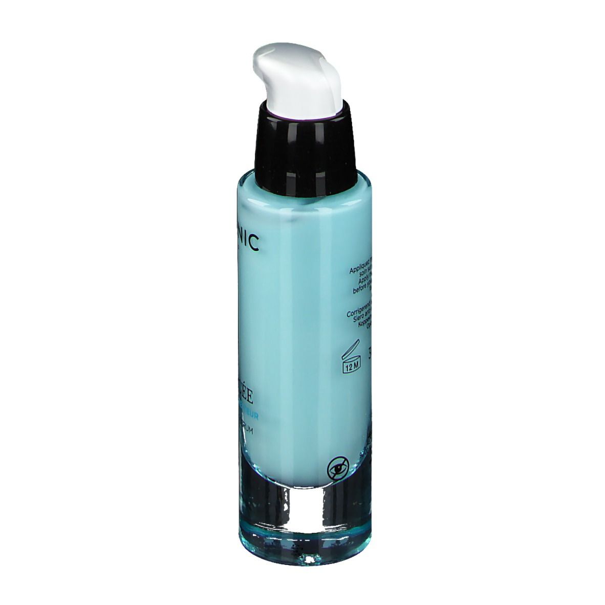 Sérum bleu clair en flacon cylindrique. Pompe noire. Inscriptions GALÉNIC PARIS, OPHYCÉE, Sérum Correcteur.