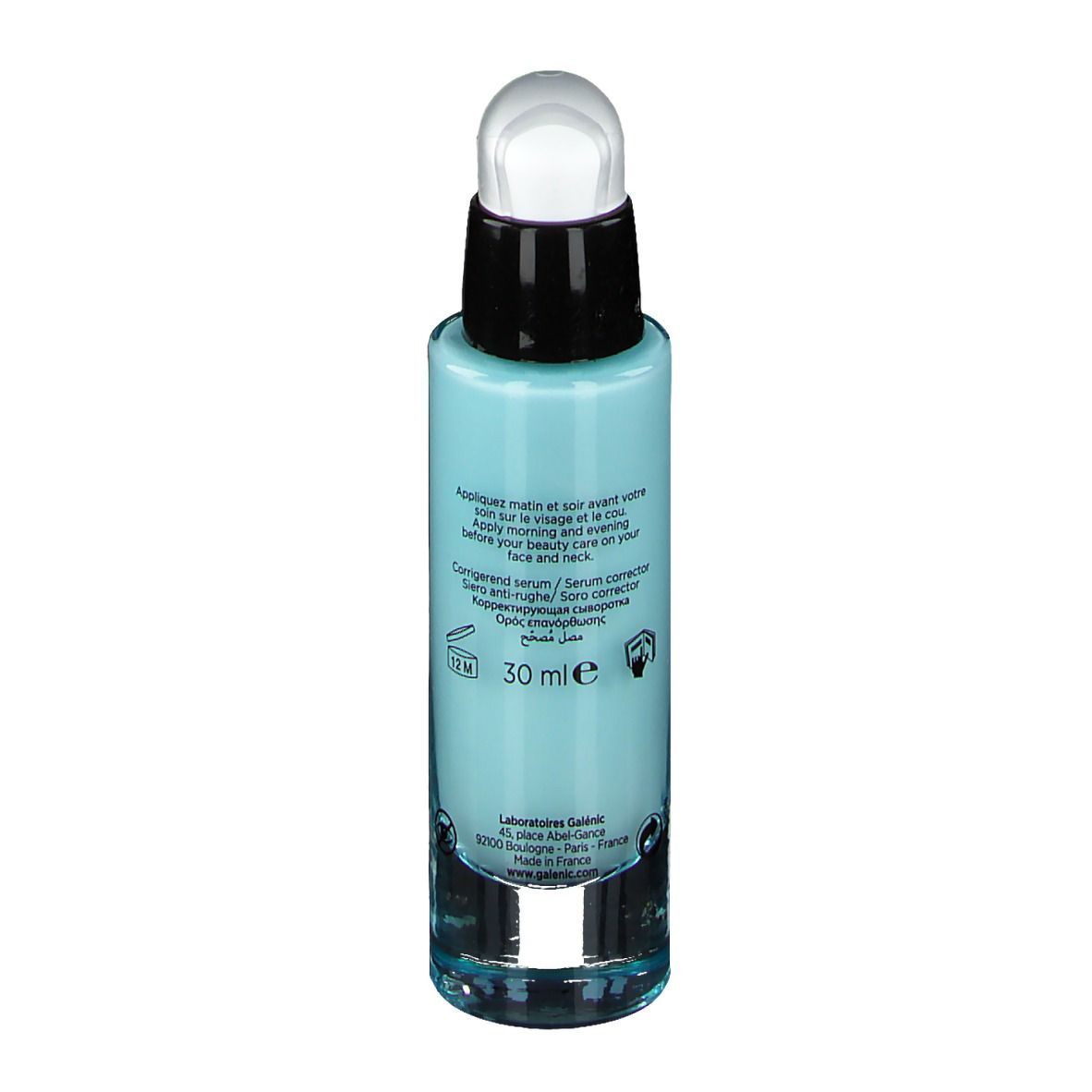 Sérum bleu clair en flacon cylindrique. Pompe noire. Texte au dos. 30 ml.
