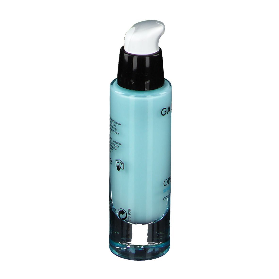 Sérum bleu clair en flacon cylindrique. Pompe noire. Texte au dos. 30 ml.