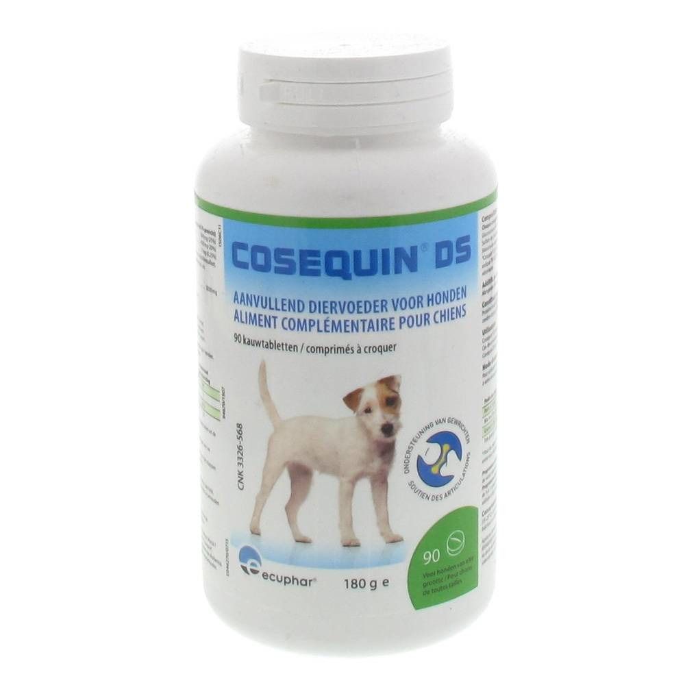 Flacon blanc avec texte bleu-vert. Inscription Cosequin DS. Image d'un chien. 90 comprimés à croquer.