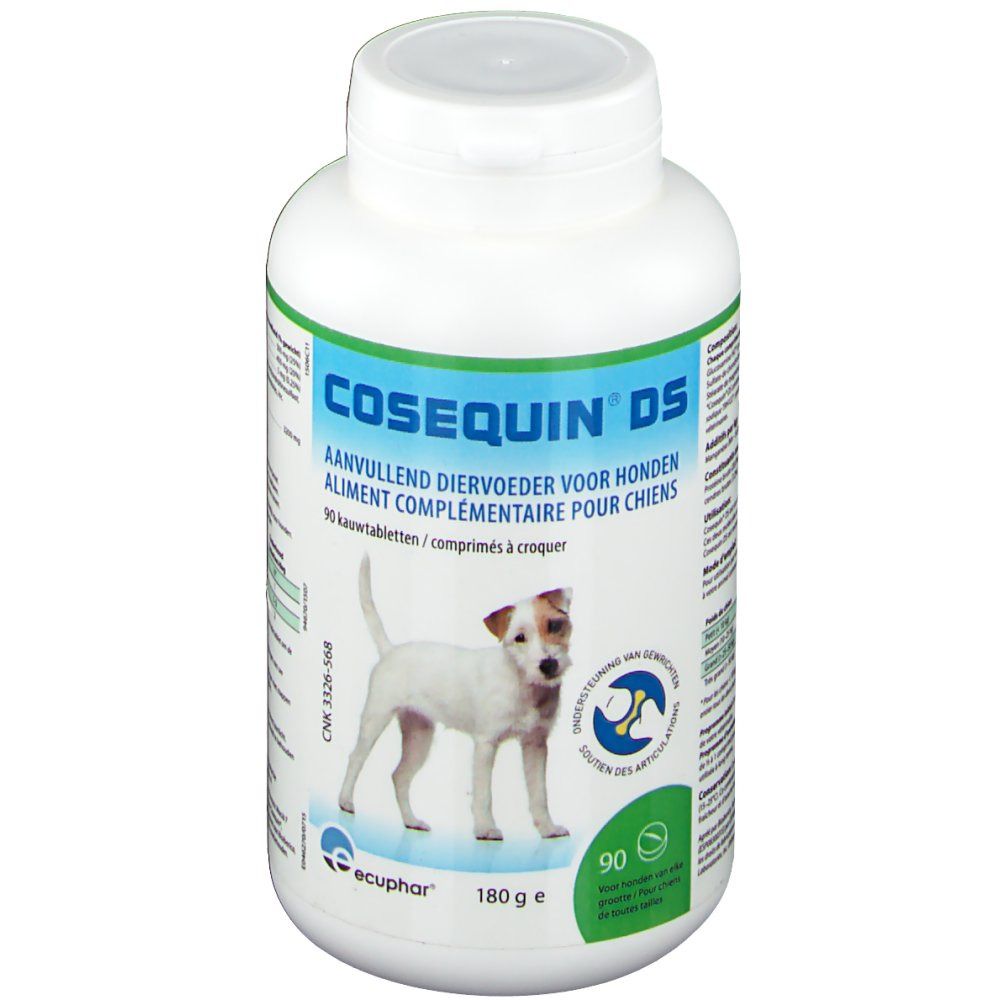 Flacon blanc avec texte bleu-vert. Inscription Cosequin DS. Image d'un chien. 90 comprimés à croquer.
