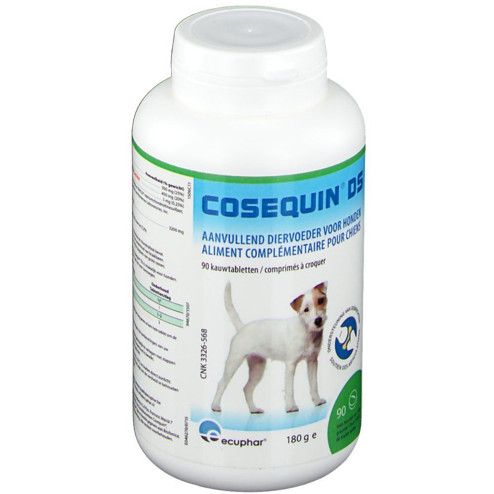 Flacon blanc avec texte bleu-vert. Inscription Cosequin DS. Image d'un chien. 90 comprimés à croquer.