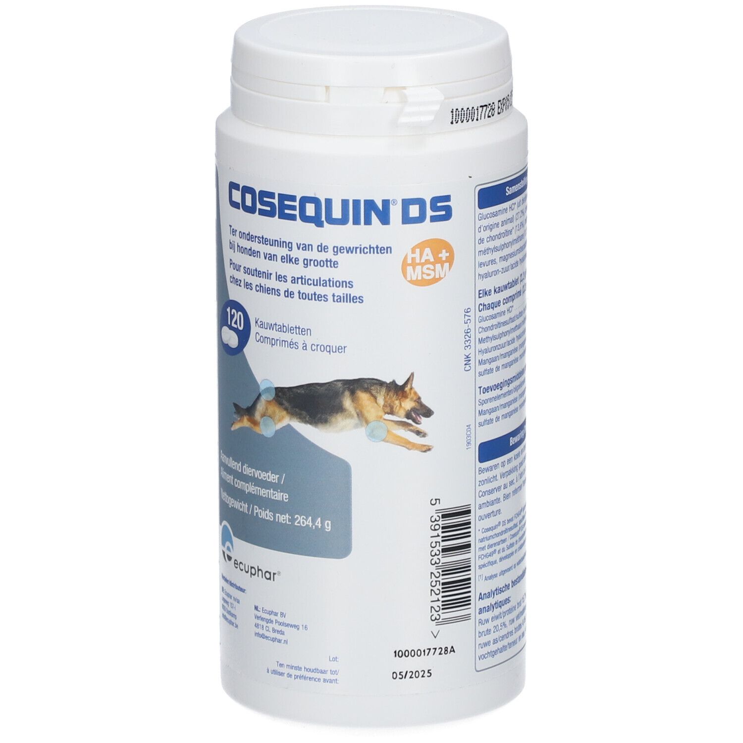 Weiße Flasche mit COSEQUIN® DS-Etikett. Enthält 120 Kautabletten. Abbildung eines Hundes.