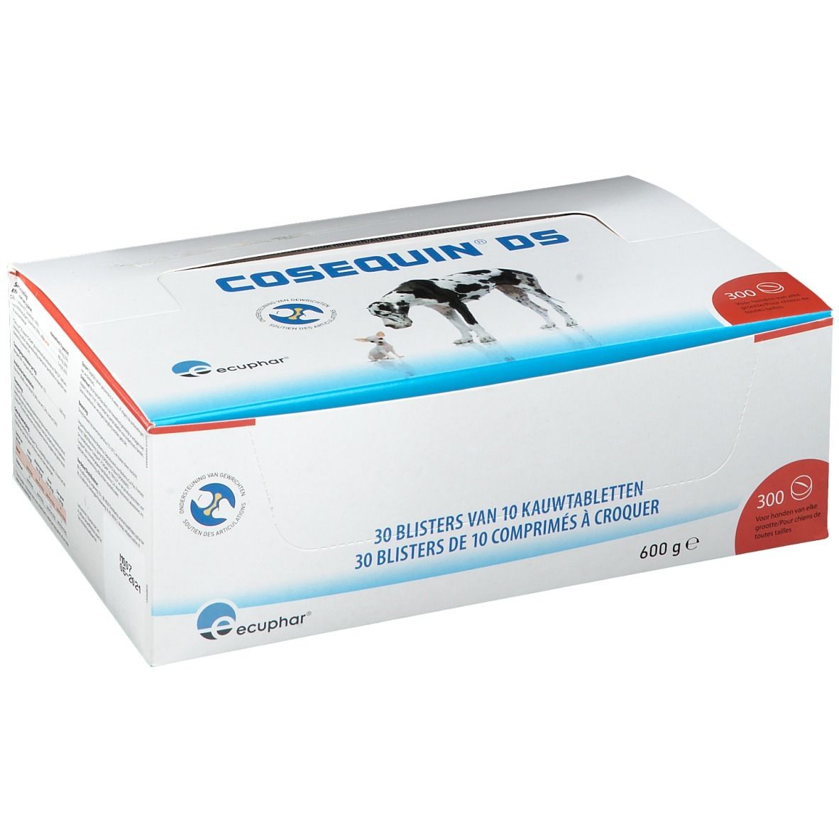 Boîte de COSEQUIN® DS. Image d'un chien et d'un petit chien. 300 comprimés. 600 g.
