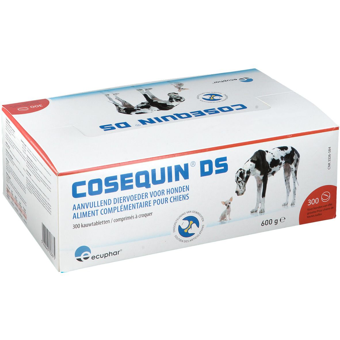 Boîte COSEQUIN® DS. Image chien et petit chien. 300 comprimés. 600 g. Texte en néerlandais.