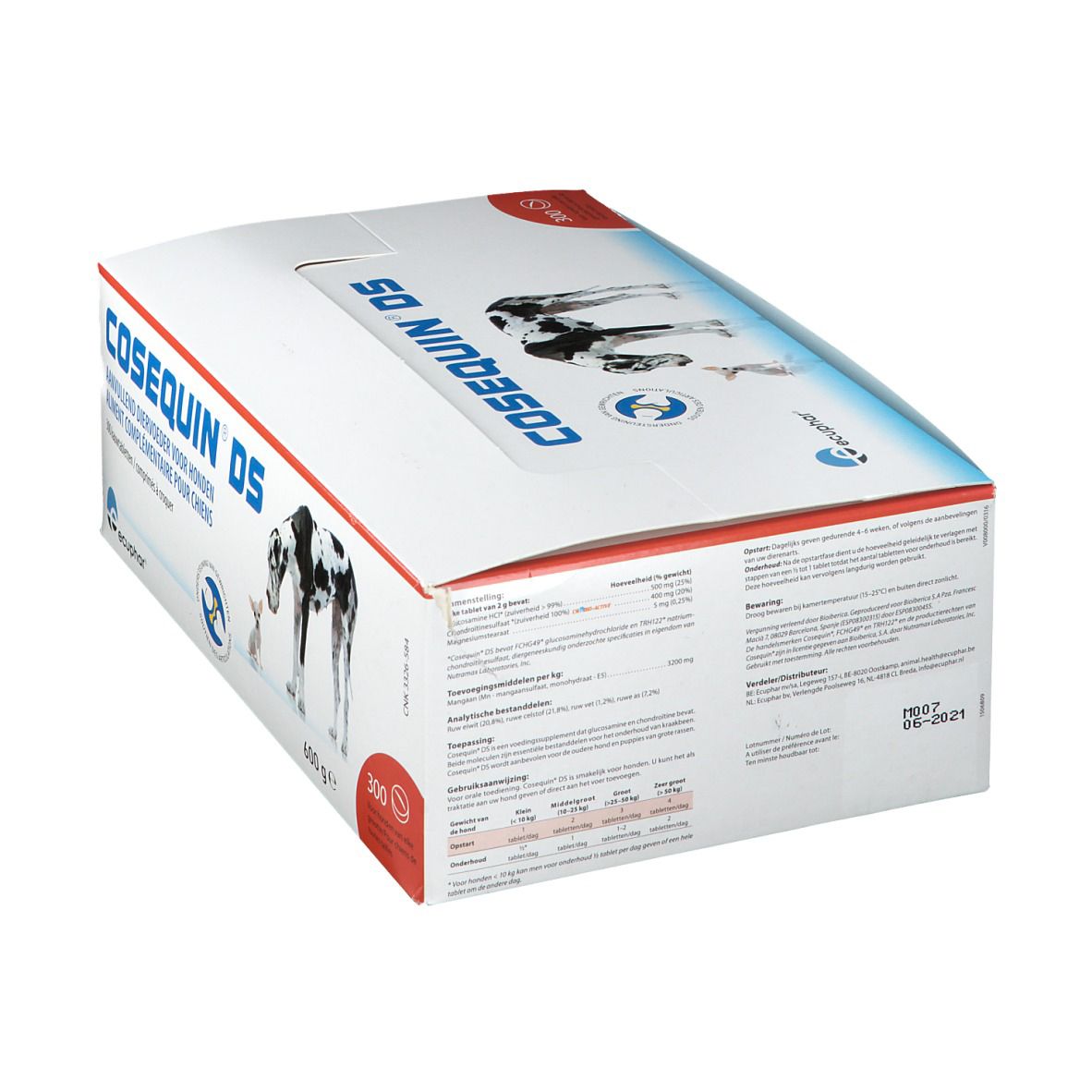 Boîte COSEQUIN® DS. Image de chiens. 300 comprimés. Dos avec informations. Date de péremption.