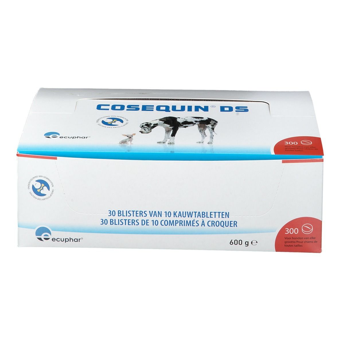 Boîte COSEQUIN® DS. Image d'un chien et d'un petit chien. 300 comprimés. 600 g.