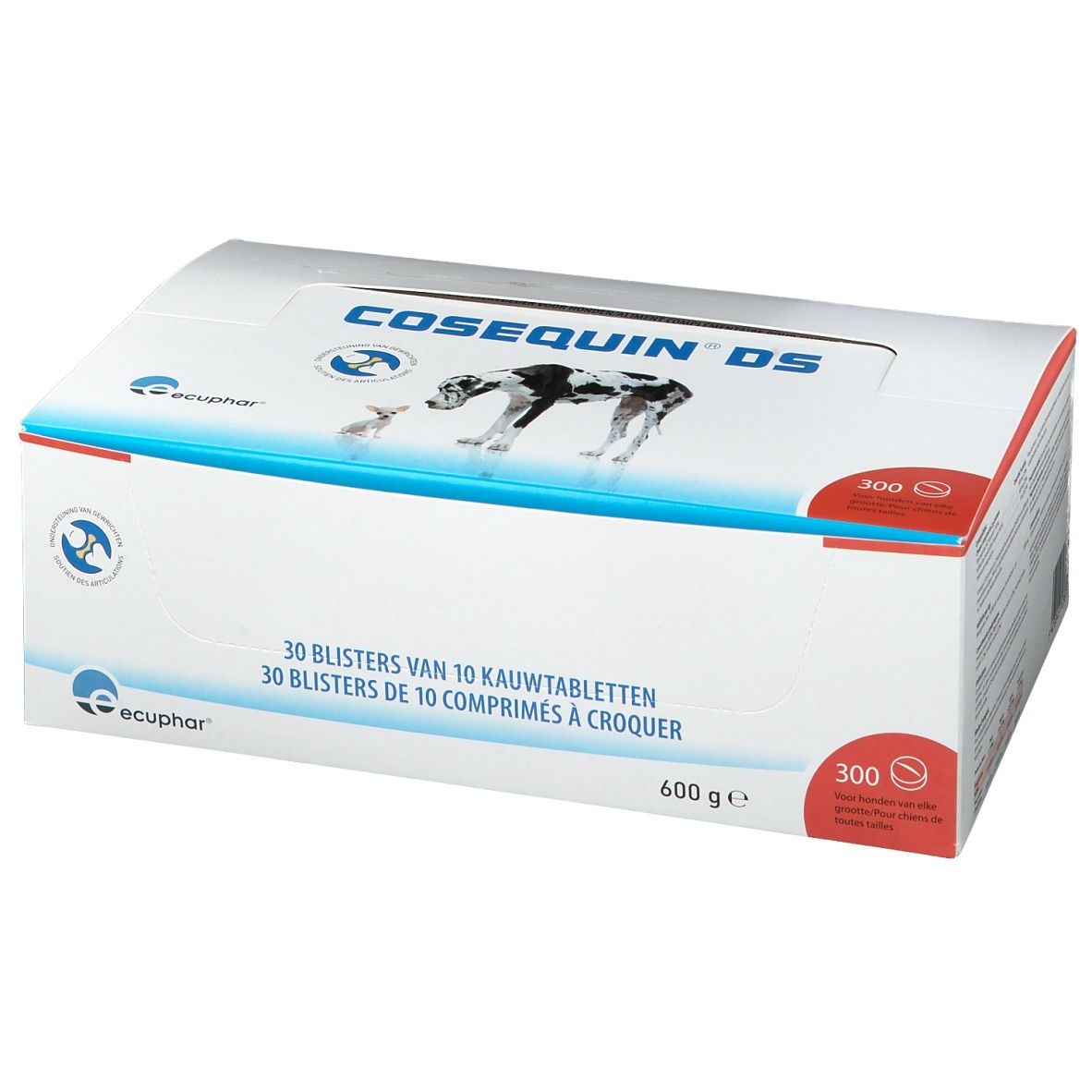 Boîte COSEQUIN® DS. Image d'un chien et d'un petit chien. 300 comprimés. 600 g.