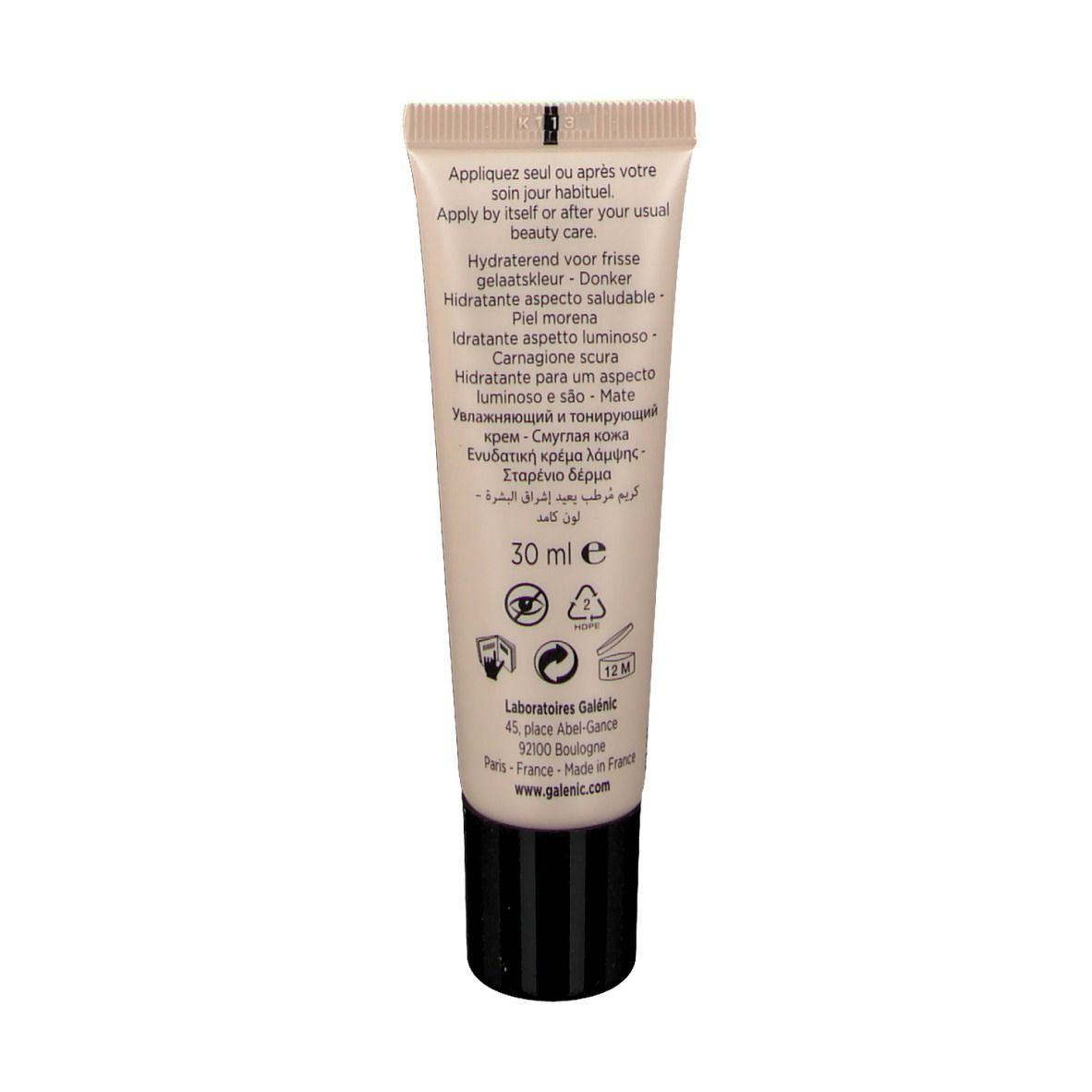 Dos du tube. Texte multilingue. Inscriptions: 30 ml, Galénic, Made in France.