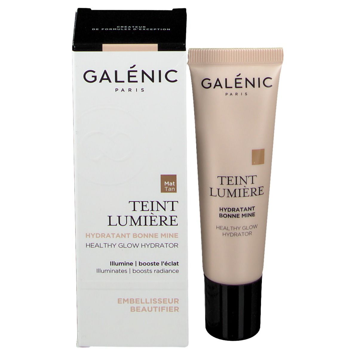 Produit et emballage. Tube et boîte. Inscriptions: Galénic, Teint Lumière, Healthy Glow Hydrator.